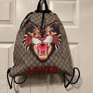 Gucci Beige and Black Backpack with Tiger Graphic